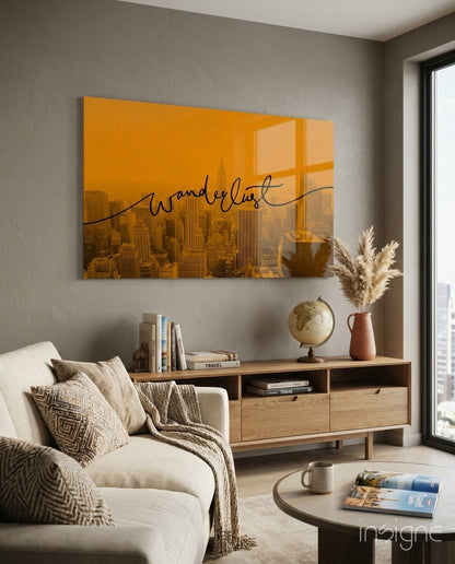 Wanderlust NYC skyline glass wall art at dusk
