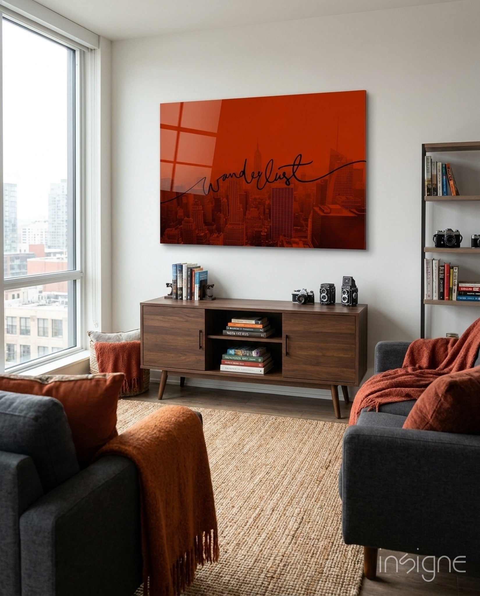 Wanderlust NYC skyline glass wall art at sunset