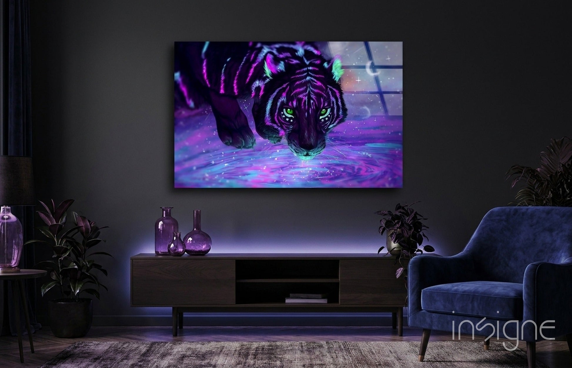 Galactic Tiger Glass Wall Art with cosmic magenta stripes