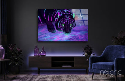 Galactic Tiger Glass Wall Art with cosmic magenta stripes