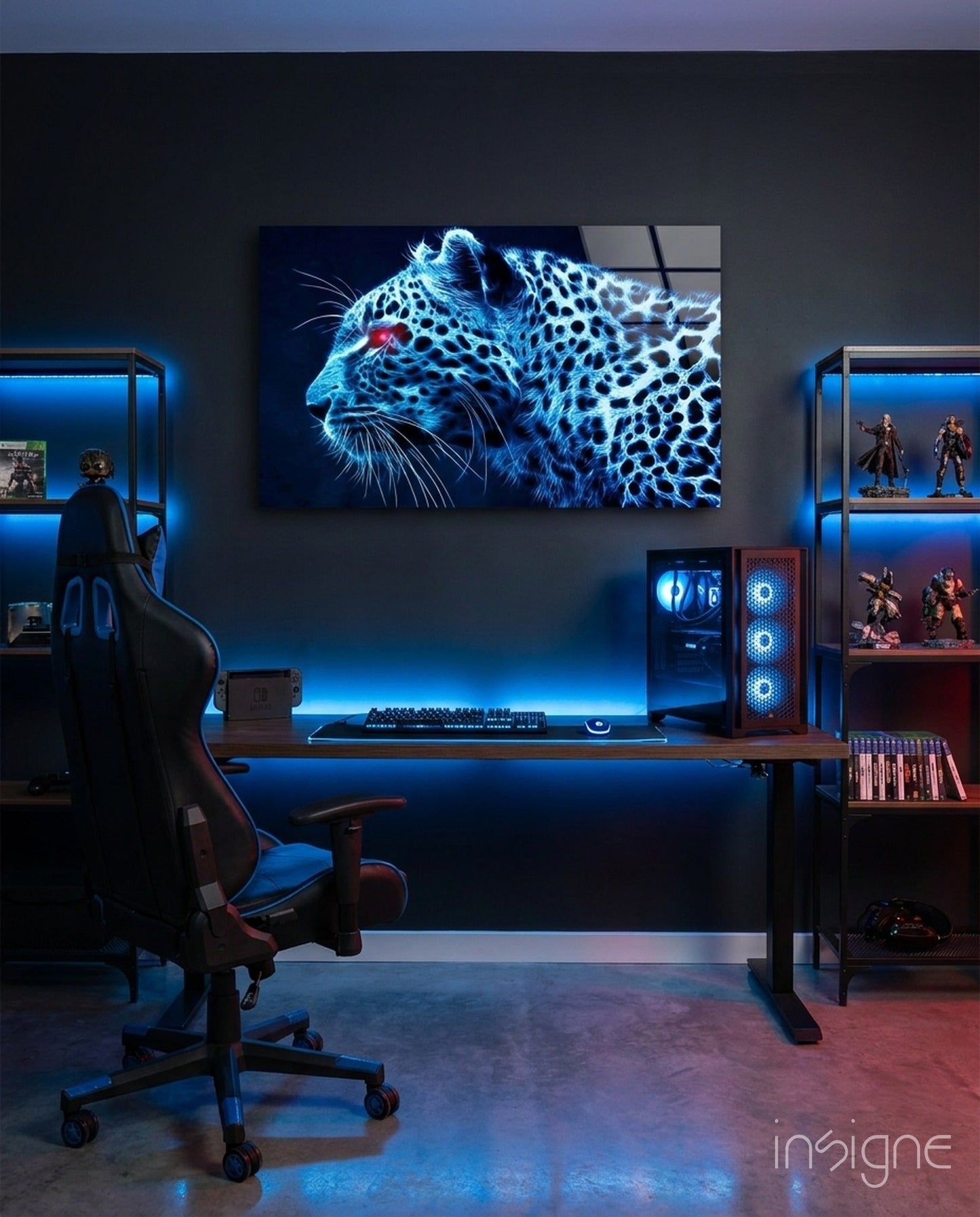 Glowing neon leopard glass wall art in blue