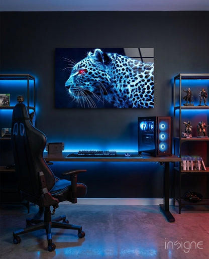 Glowing neon leopard glass wall art in blue