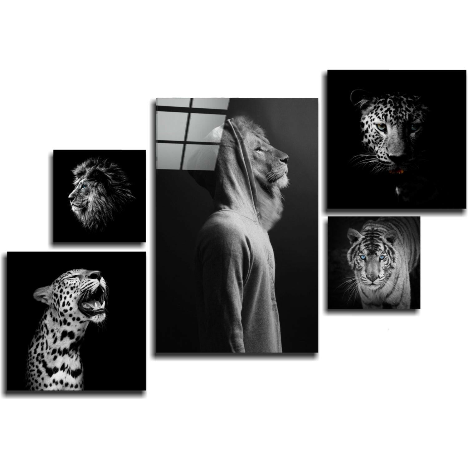Wild animal heads glass wall art set in bold color
