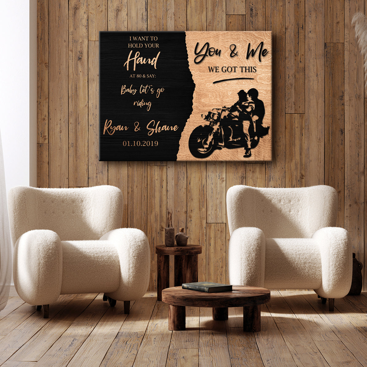Personalized biker couple canvas sign with names and date, rustic style, ready to hang