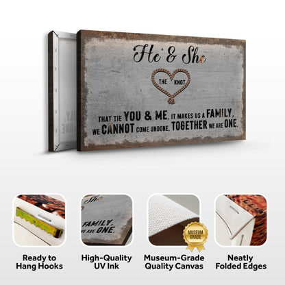 He and She sign canvas front and side, with text: Ready to Hang Hooks, High-Quality UV Ink, Museum-Grade Quality Canvas, Neatly Folded Edges