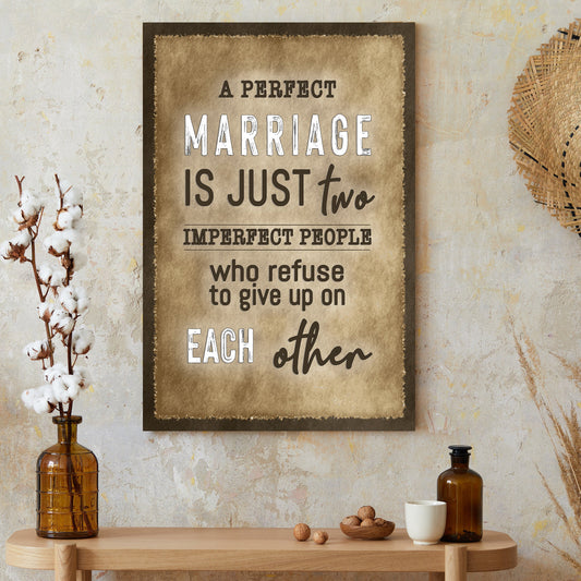 A perfect marriage personalized couple canvas sign in rustic word-art style