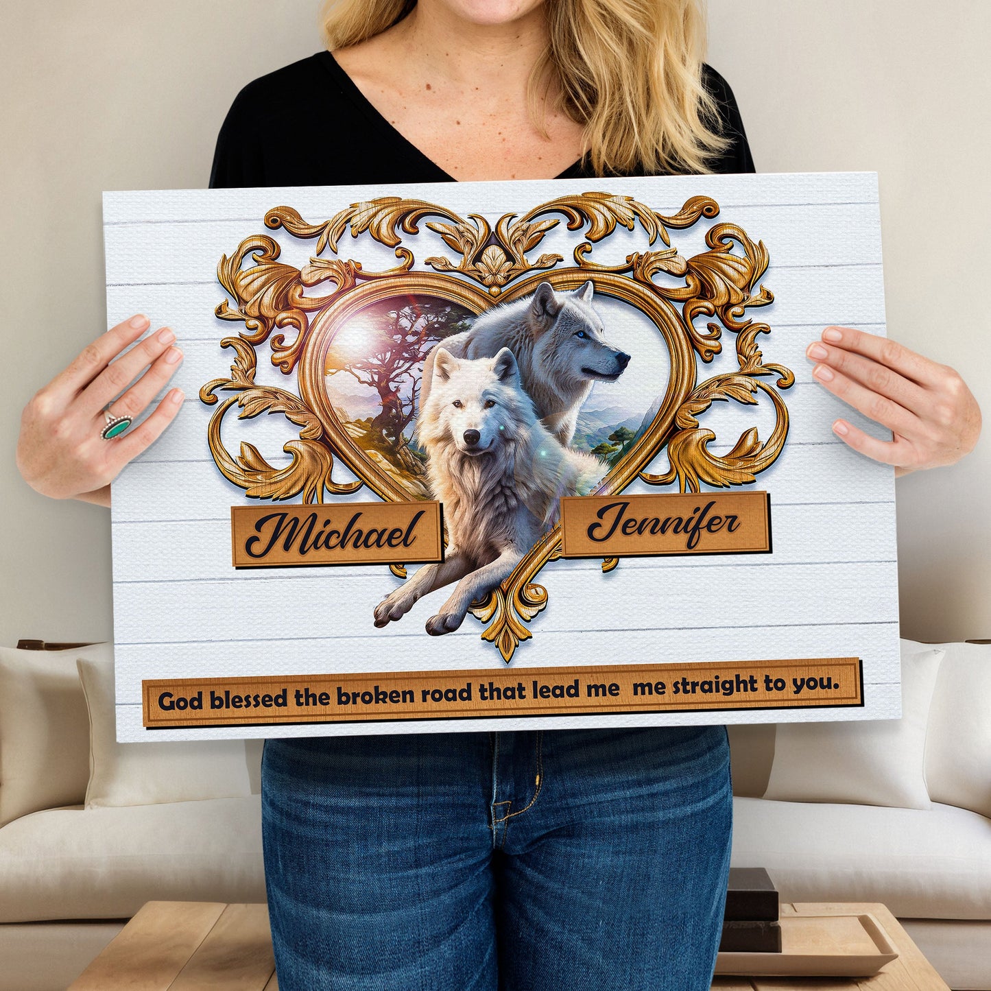 Couple wolves canvas wall art VI two wolves dramatic wildlife painting