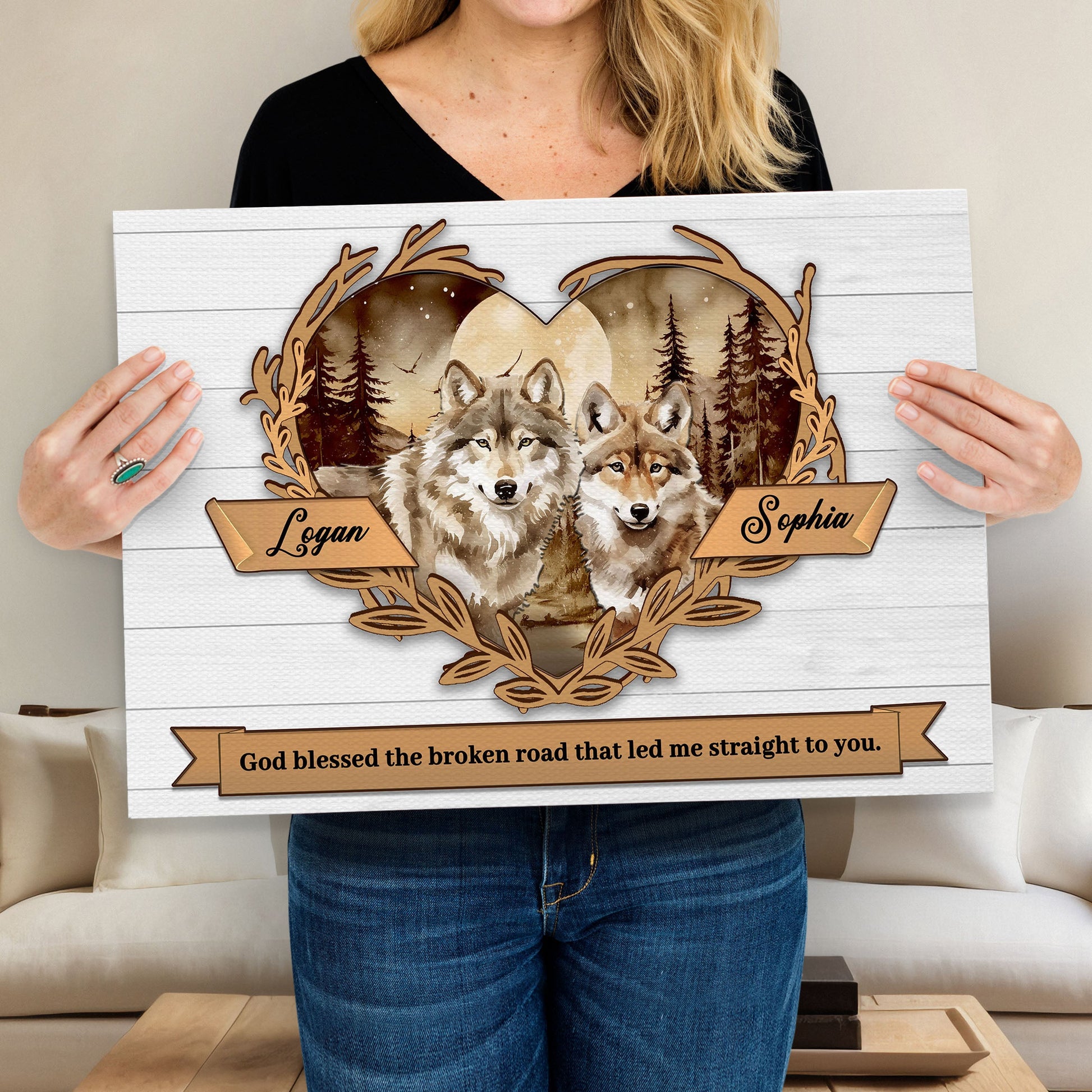 Couple wolves canvas wall art V wolves wildlife art home decor