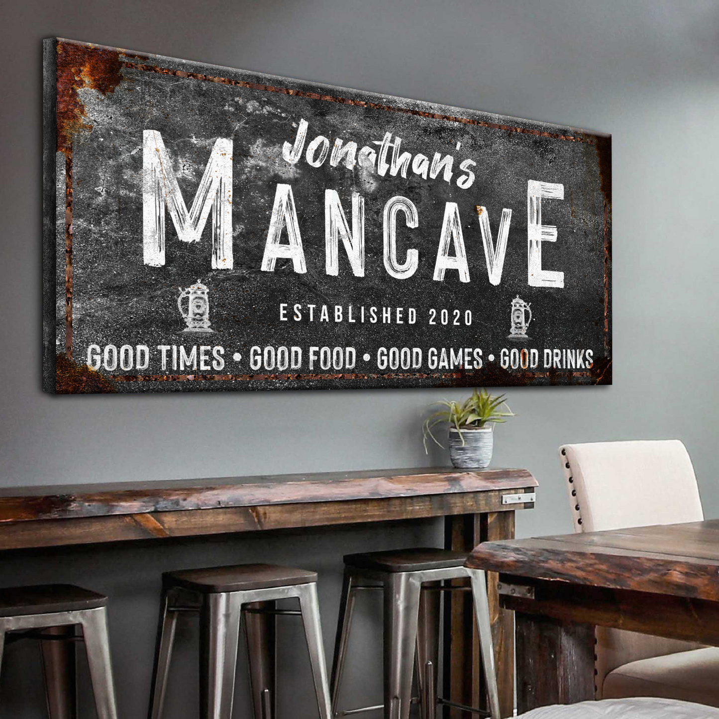 Good Times Man Cave personalized rustic canvas sign with family name
