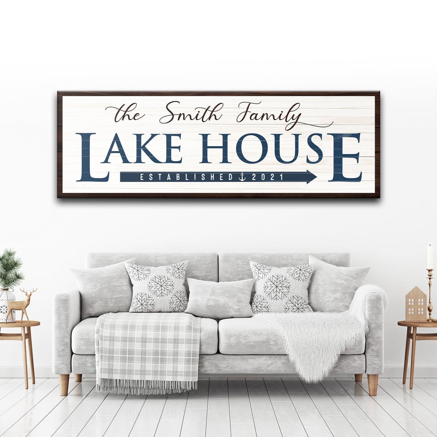 Personalized family lake house arrow canvas sign with custom family name