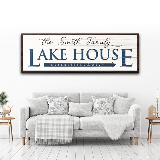 Personalized family lake house arrow canvas sign with custom family name