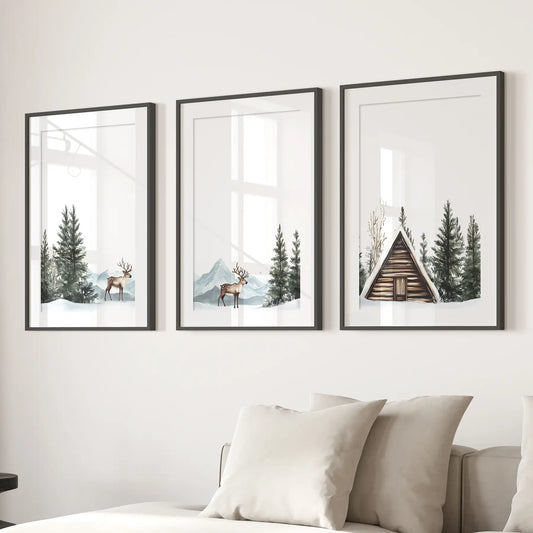 Rustic Cabin Winter Wall Art, Snowy Forest 3 Piece Set
