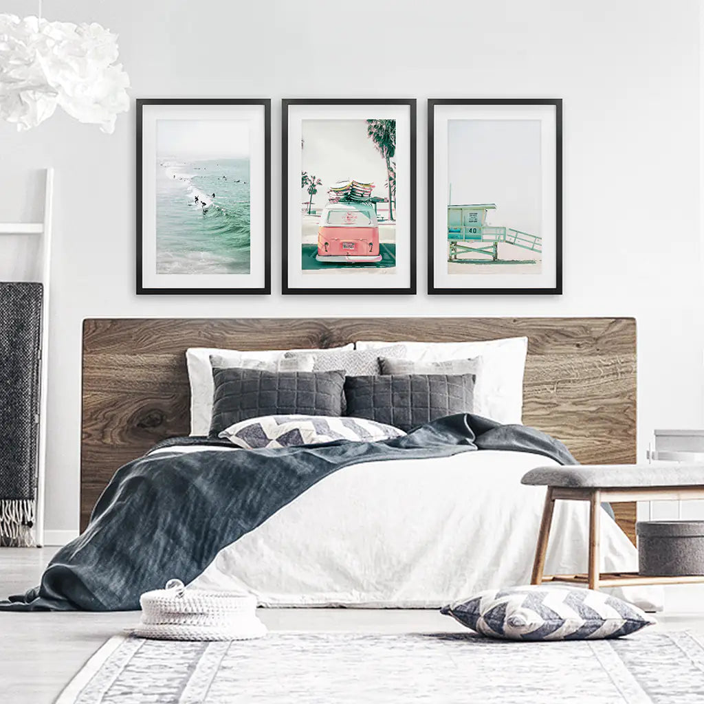 California Coastal Wall Art Set of 3. Pink Bus, Surfers