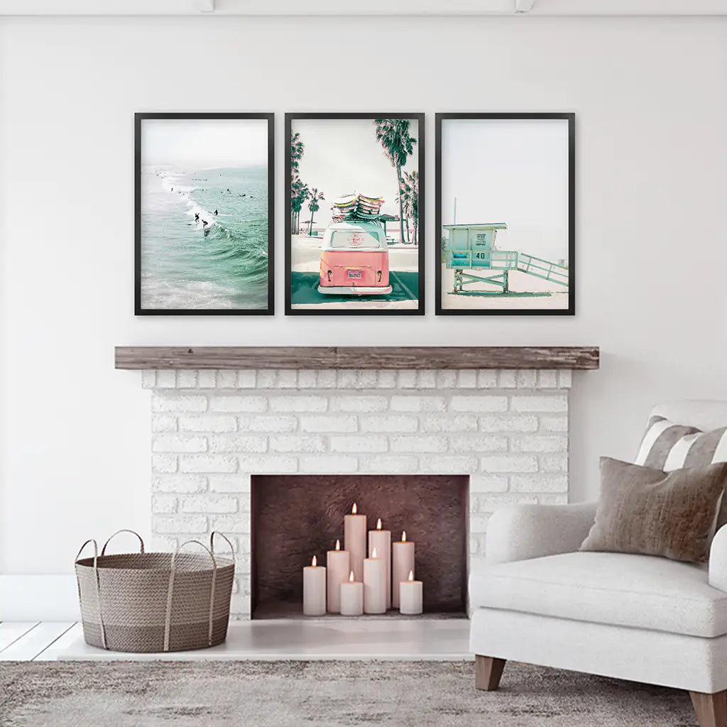 California Coastal Wall Art Set of 3. Pink Bus, Surfers