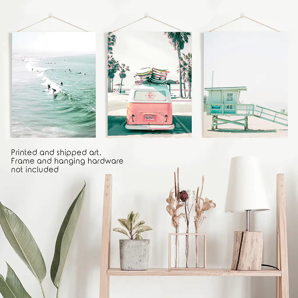 California Coastal Wall Art Set of 3. Pink Bus, Surfers
