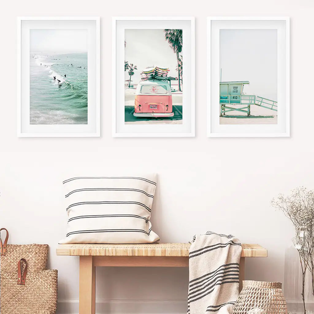 California Coastal Wall Art Set of 3. Pink Bus, Surfers