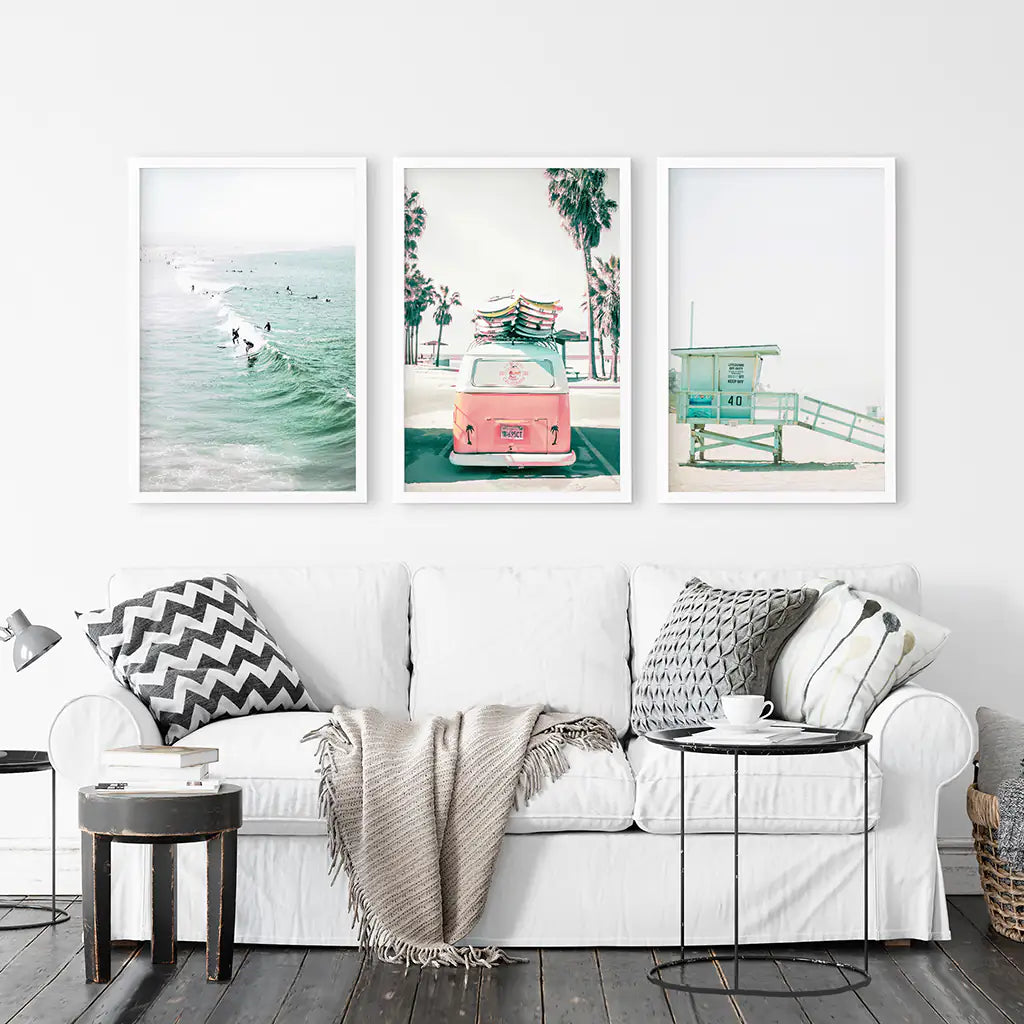 California Coastal Wall Art Set of 3. Pink Bus, Surfers