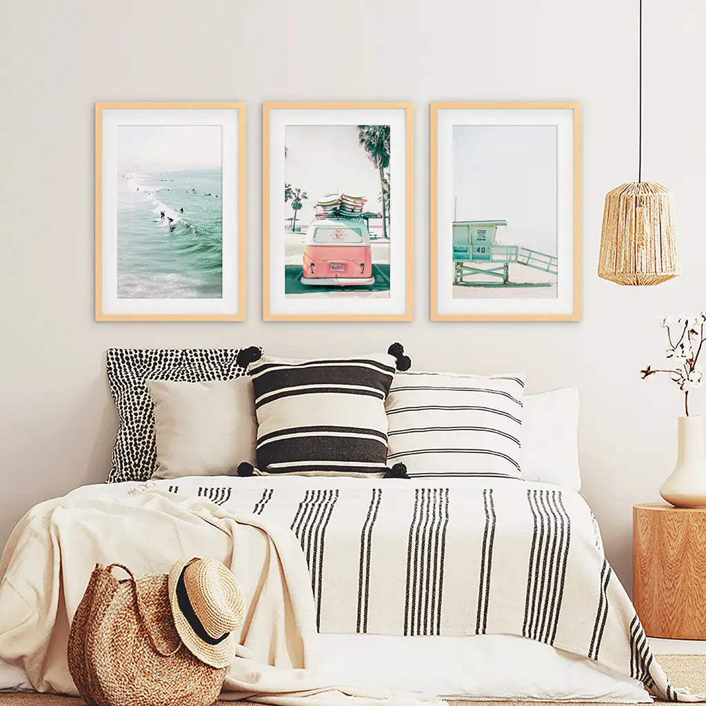 California Coastal Wall Art Set of 3. Pink Bus, Surfers