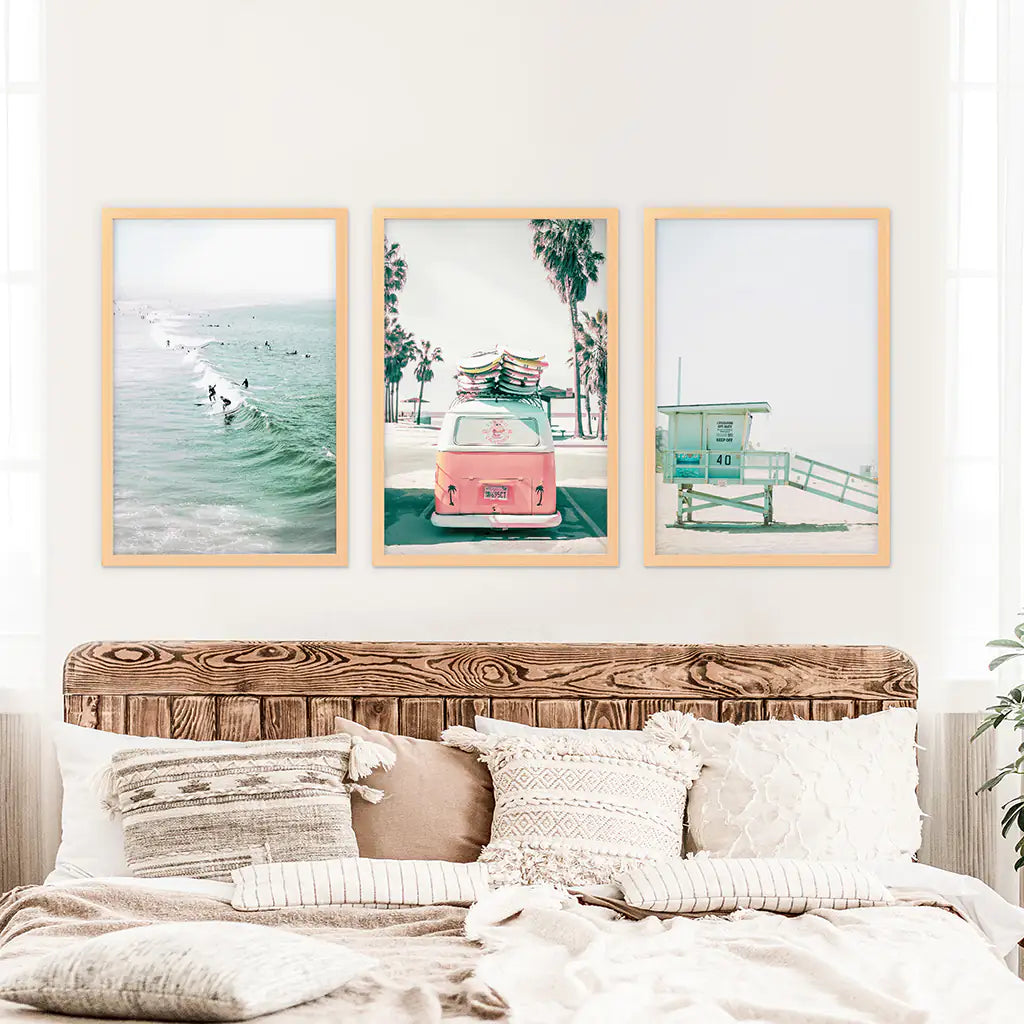 California Coastal Wall Art Set of 3. Pink Bus, Surfers