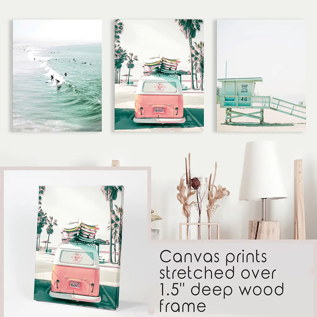 California Coastal Wall Art Set of 3. Pink Bus, Surfers