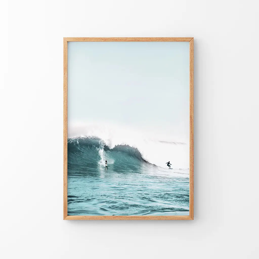 Surfing wall art print of surfers riding blue ocean waves