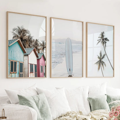 Set of 3 California boho beach wall art prints with surfboard palms and cabins