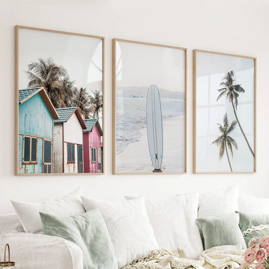 Set of 3 California boho beach wall art prints with surfboard palms and cabins