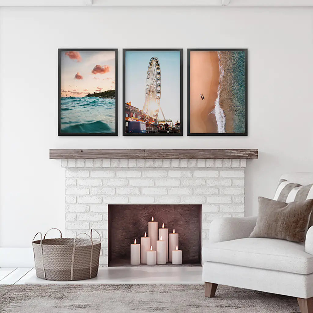 California Coastal Wall Art Set of 3. Ferris Wheel, Sunset