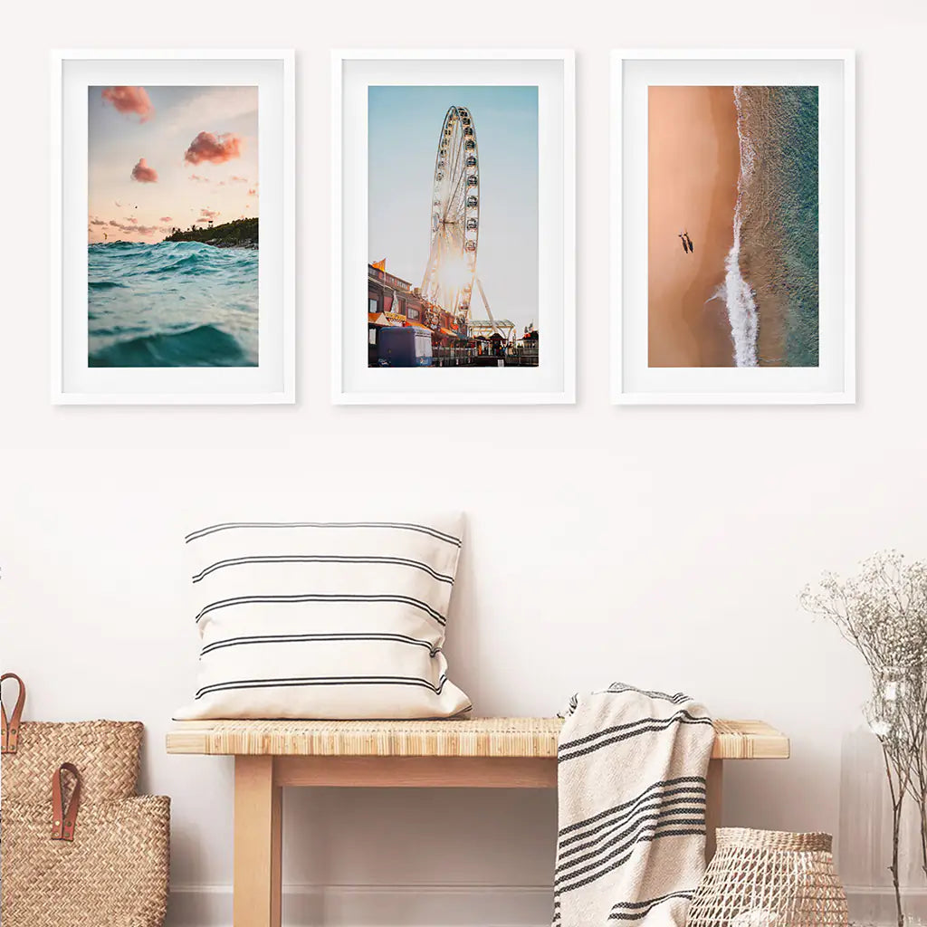 California Coastal Wall Art Set of 3. Ferris Wheel, Sunset