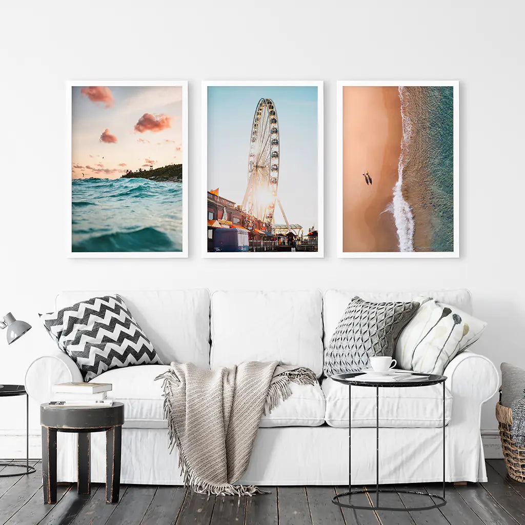 California Coastal Wall Art Set of 3. Ferris Wheel, Sunset