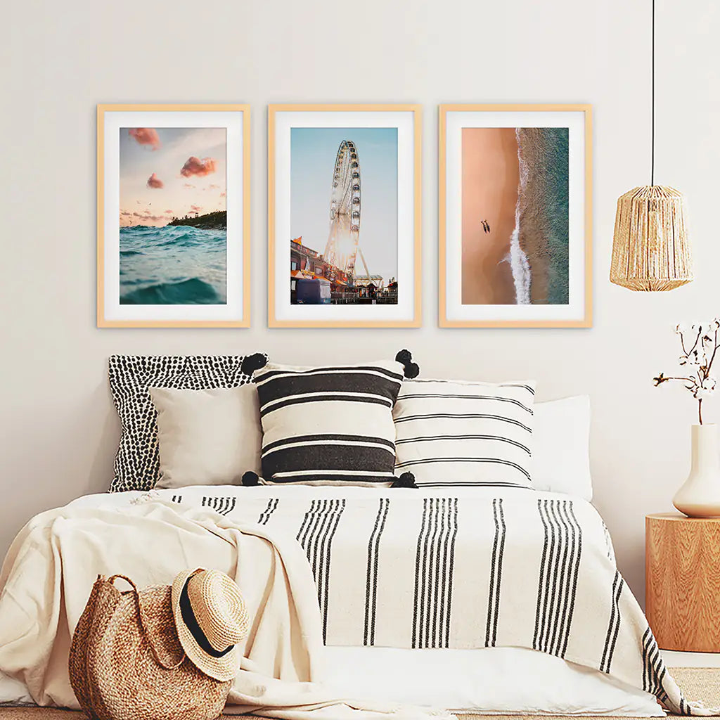 California Coastal Wall Art Set of 3. Ferris Wheel, Sunset