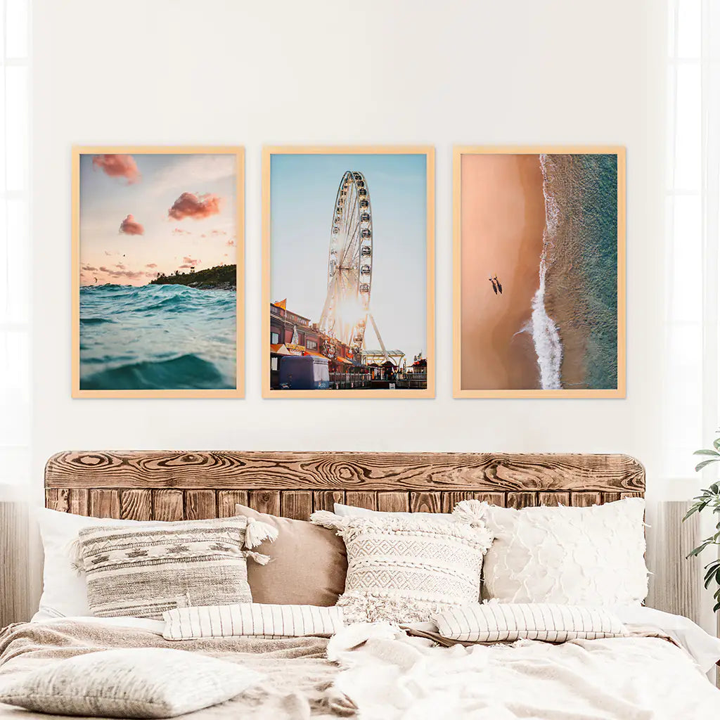 California Coastal Wall Art Set of 3. Ferris Wheel, Sunset