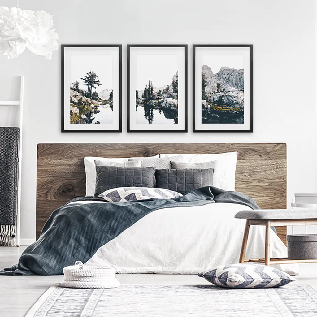 Mountain Lake Wall Art Triptych. Scandi Nature Photography