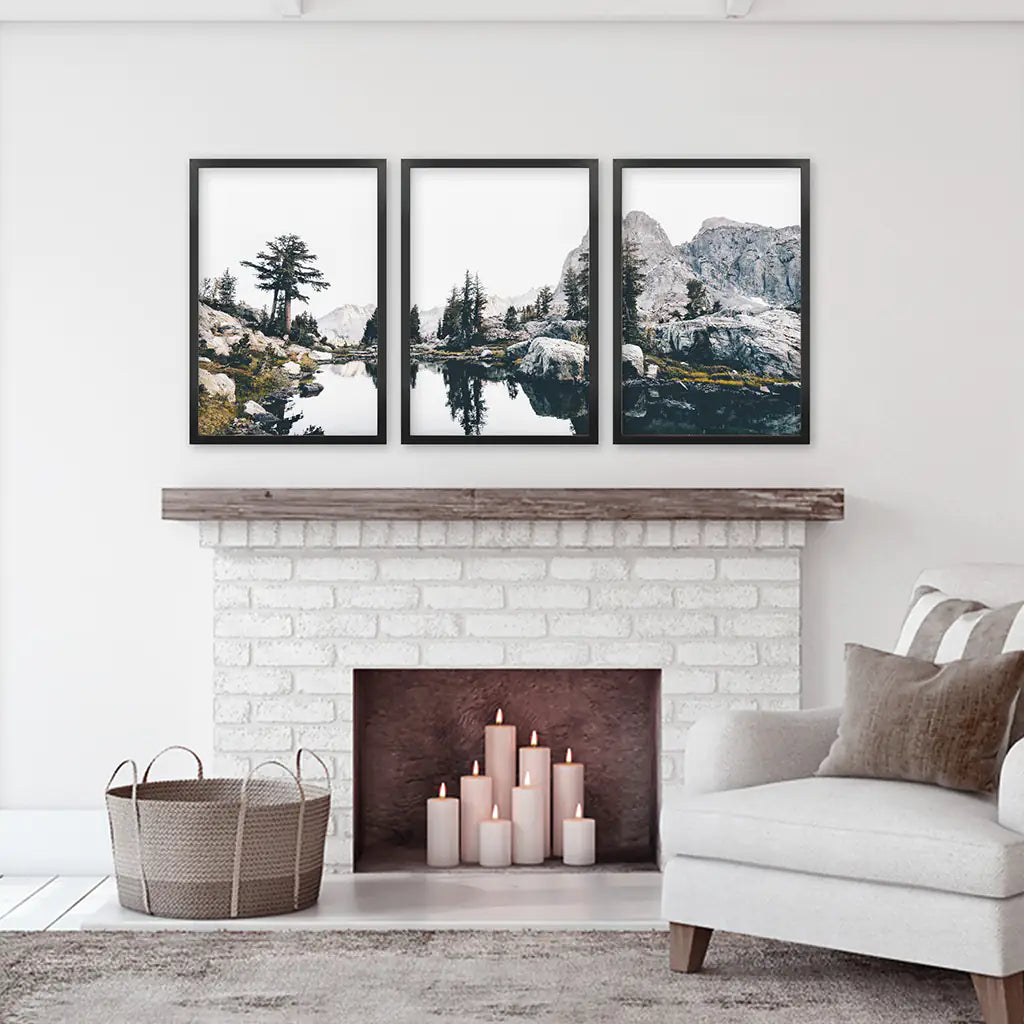 Mountain Lake Wall Art Triptych. Scandi Nature Photography