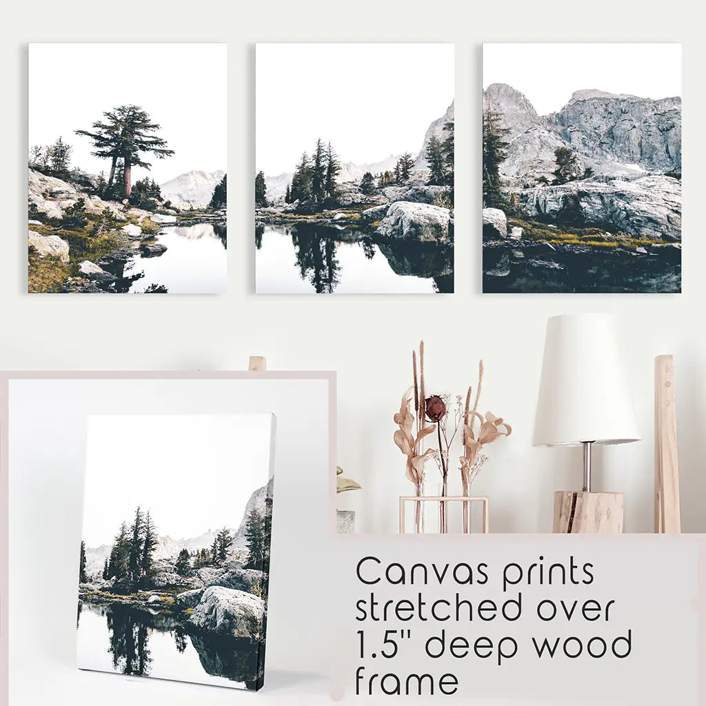 Mountain Lake Wall Art Triptych. Scandi Nature Photography