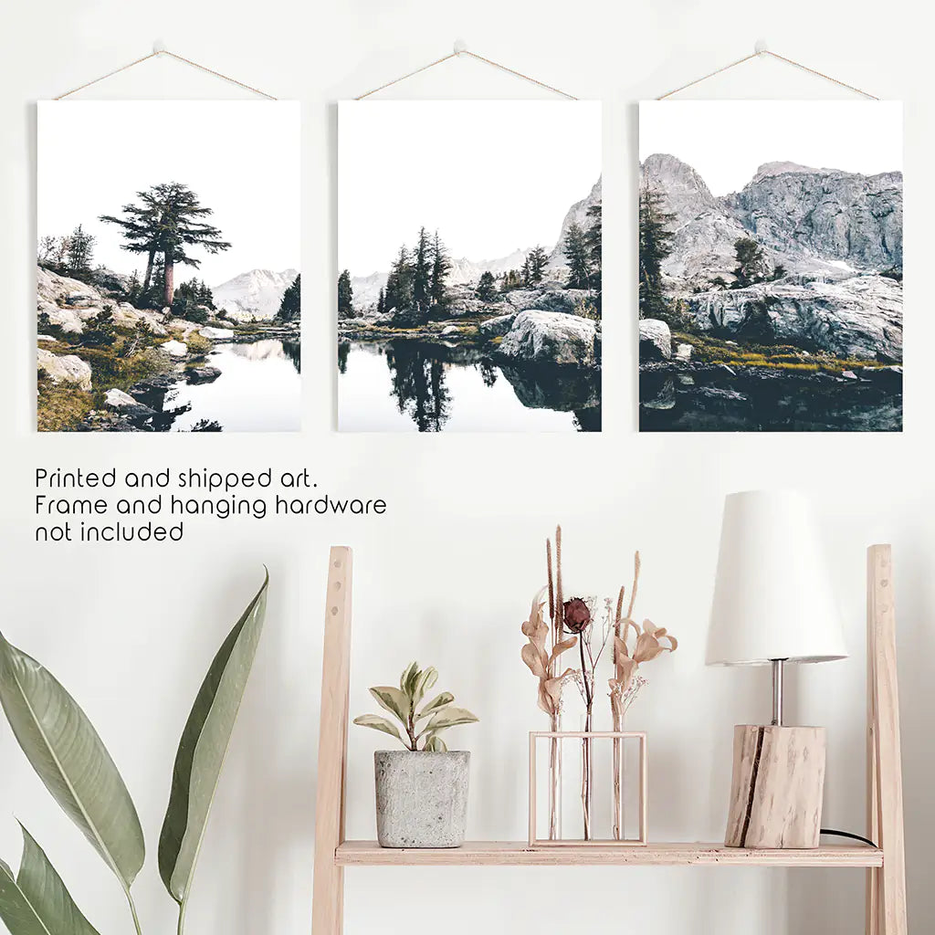 Mountain Lake Wall Art Triptych. Scandi Nature Photography