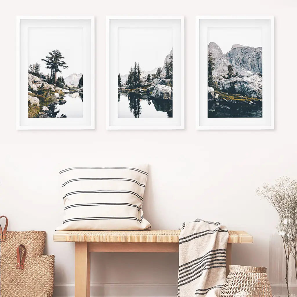 Mountain Lake Wall Art Triptych. Scandi Nature Photography