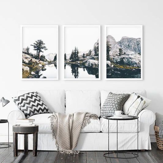 Mountain Lake Wall Art Triptych. Scandi Nature Photography