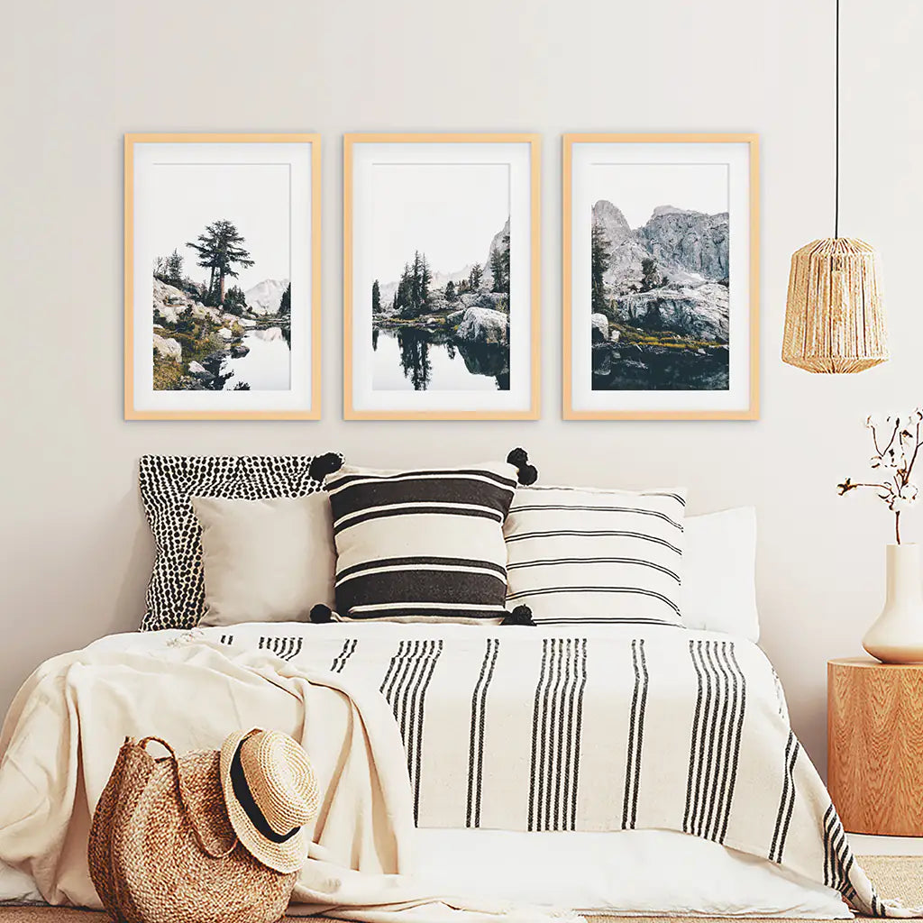 Mountain Lake Wall Art Triptych. Scandi Nature Photography