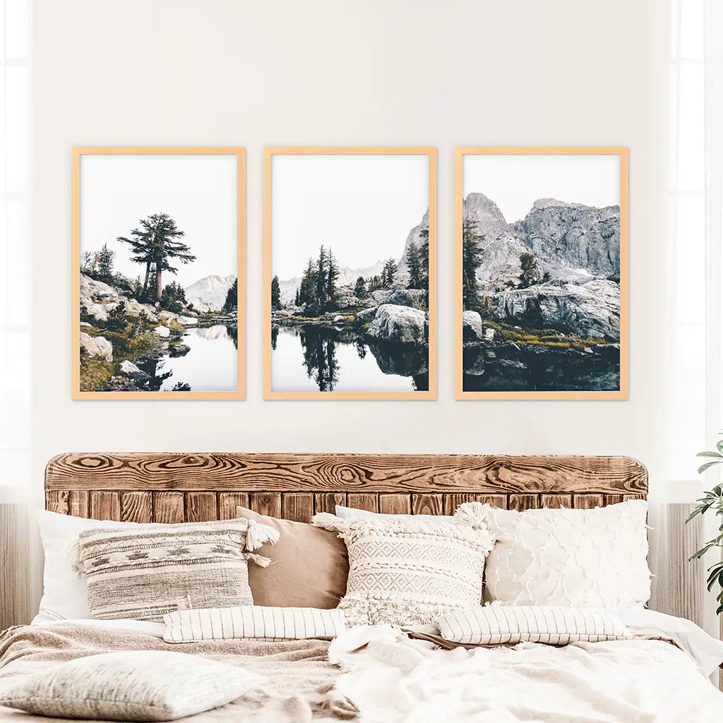 Mountain Lake Wall Art Triptych. Scandi Nature Photography