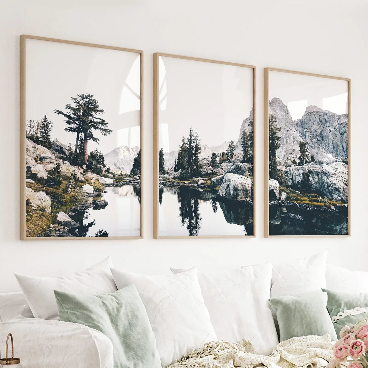 Three panel mountain lake nature photography triptych