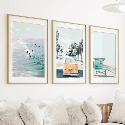 California Surf Wall Art Set of 3. Surfers, Van, Lifeguard