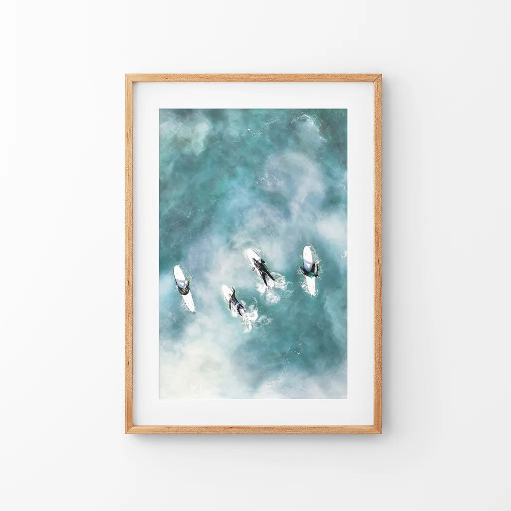 California surfers wall art print, aerial view of blue ocean waves