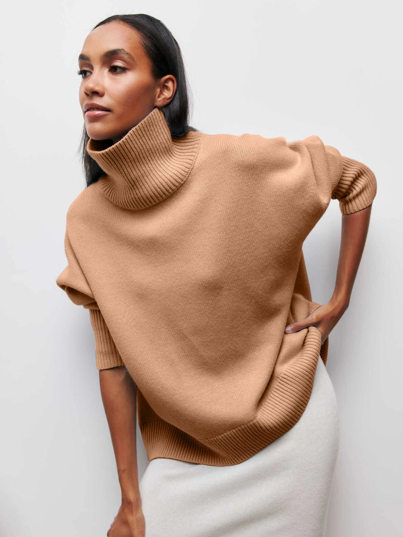 Camel tan oversized turtleneck sweater women relaxed fit ribbed details knit
