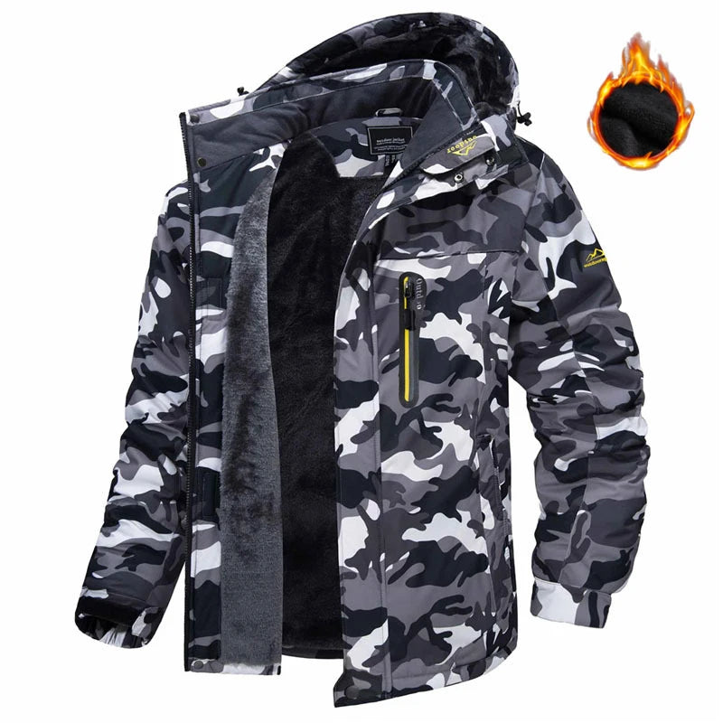 Camouflage Mens waterproof jacket with removable hood perfect for skiing and snow activities