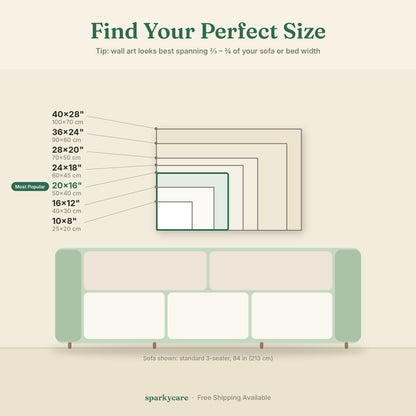Size guide chart comparing canvas dimensions from smallest to largest, with a most popular tag