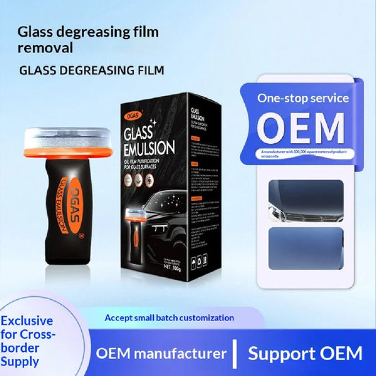 Car glass degreasing film removal kit showing OEM manufacturing options and one-stop service for wholesale customization
