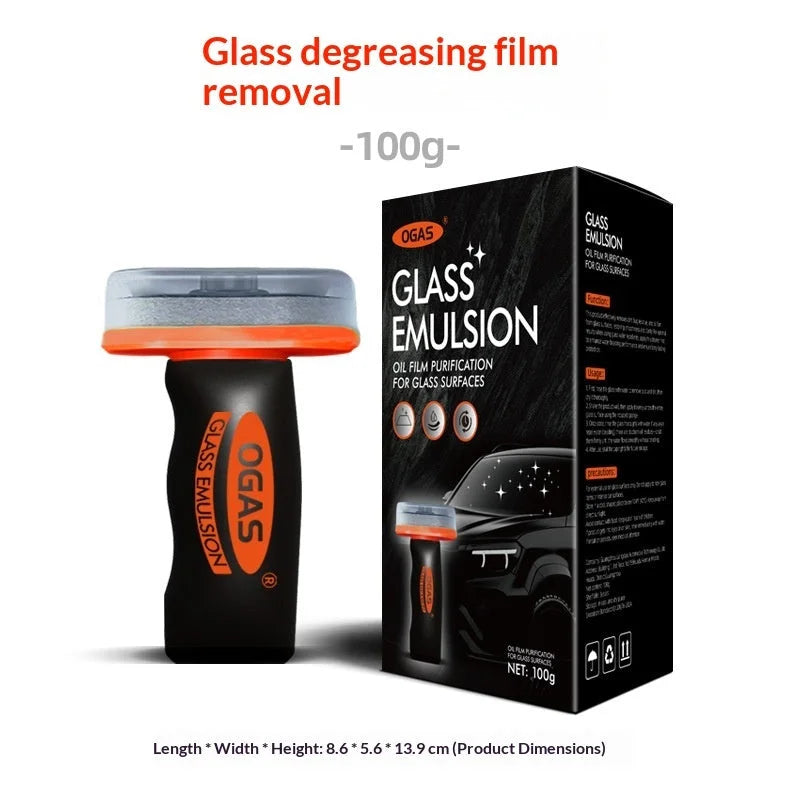 Car glass degreasing film removal paste 100g showing OGAS glass emulsion product packaging and applicator dimensions