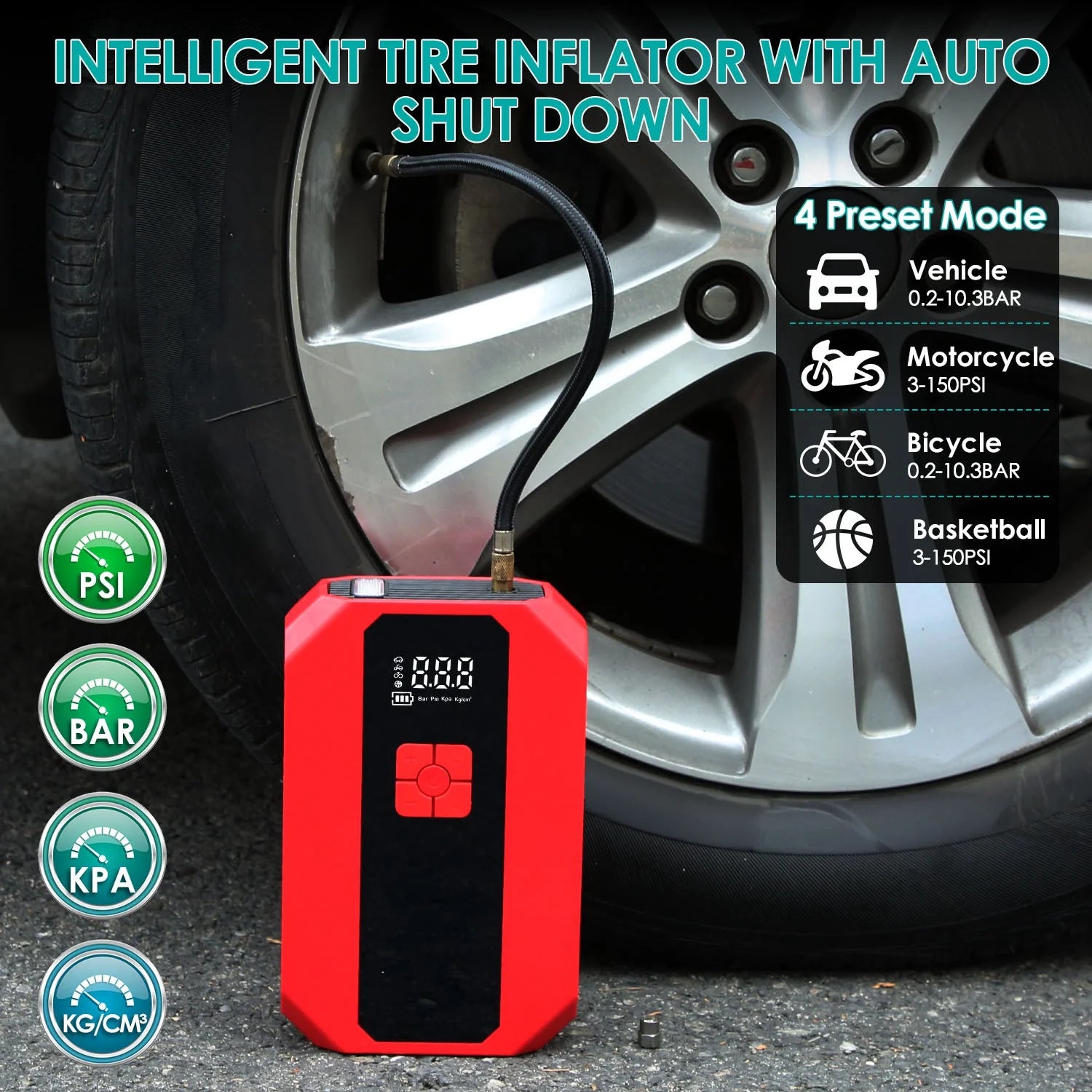 Car jump starter air compressor inflating vehicle tire with digital pressure gauge reading