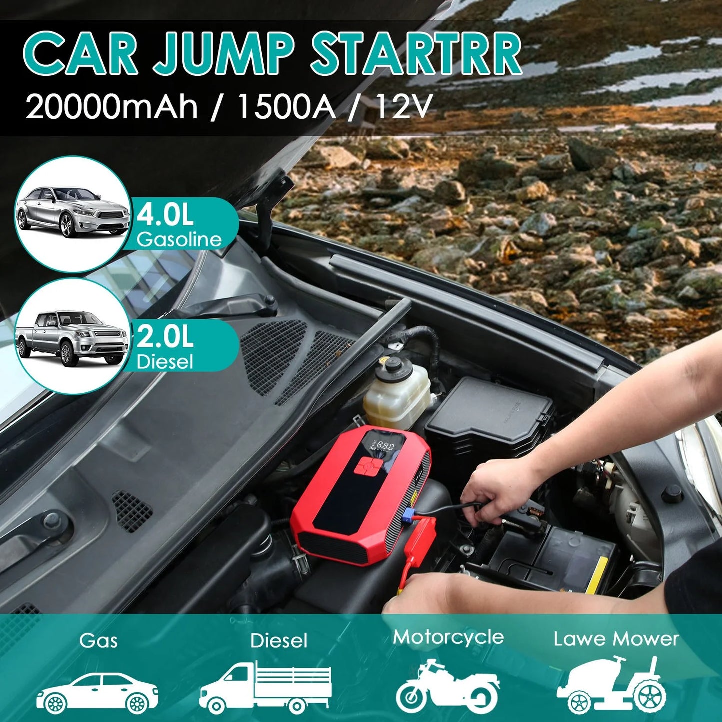 Car jump starter being used to start a car with a scenic background